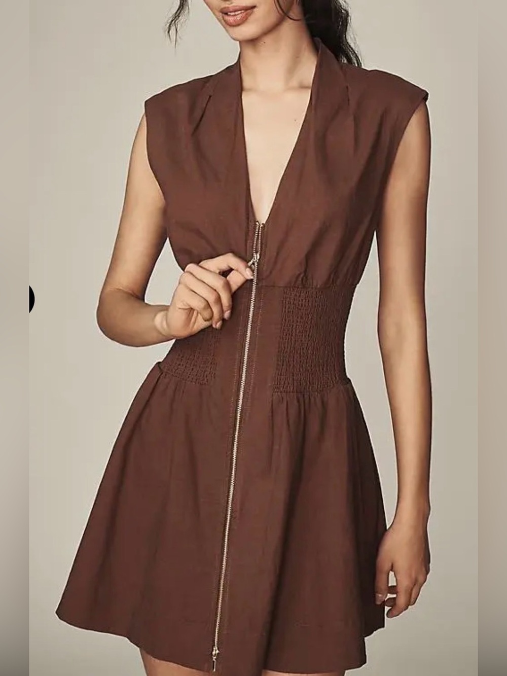 Anthropologie Tommie Cap-Sleeve Linen Smocked Front-Zip Shirt Dress XL Brown